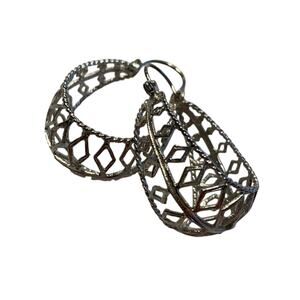 Silver filigree pierced hoop earrings long ovals french wires Boho romantic